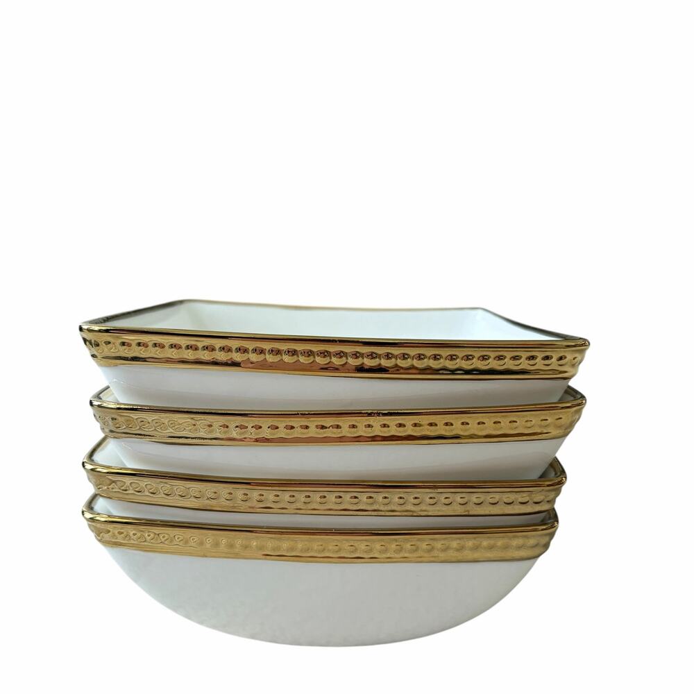 Rosetta Porcelain Tidbit Bowls w/ Gold Beaded Rim 5.5in Square Set of 4 New